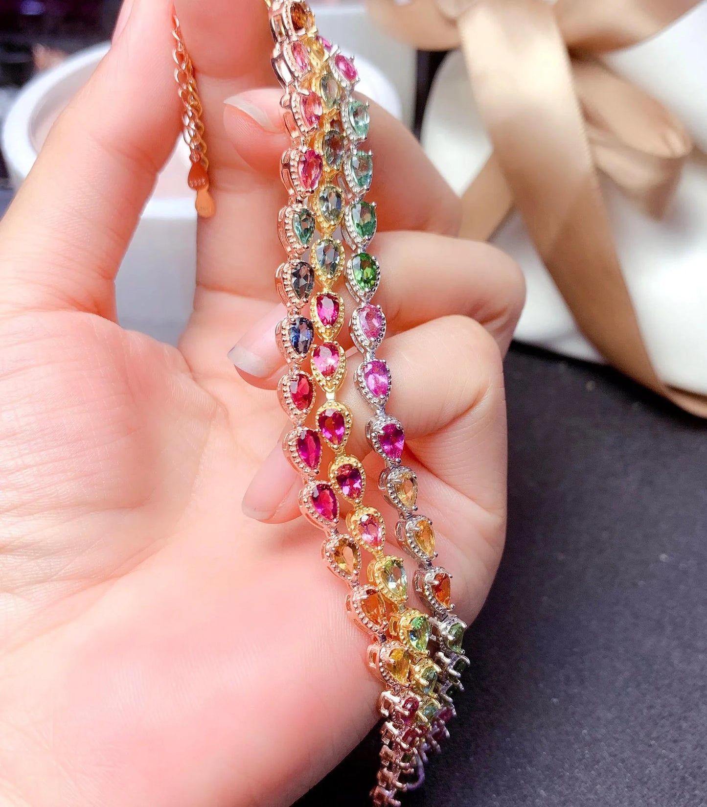 Exquisite Rainbow Tourmaline Bracelets 19cm Chain Rhinestone Slimming Bracelet Women Crystal Healing Bracelet Jewelry Gifts