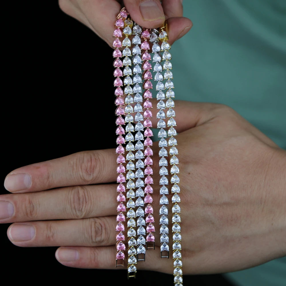 Iced Out Bling White Pink Heart Cubic Zirconia CZ Tennis Chain Bracelet 17cm 19cm 21cm Iced Out Bling Girlfriend Gift Jewelry