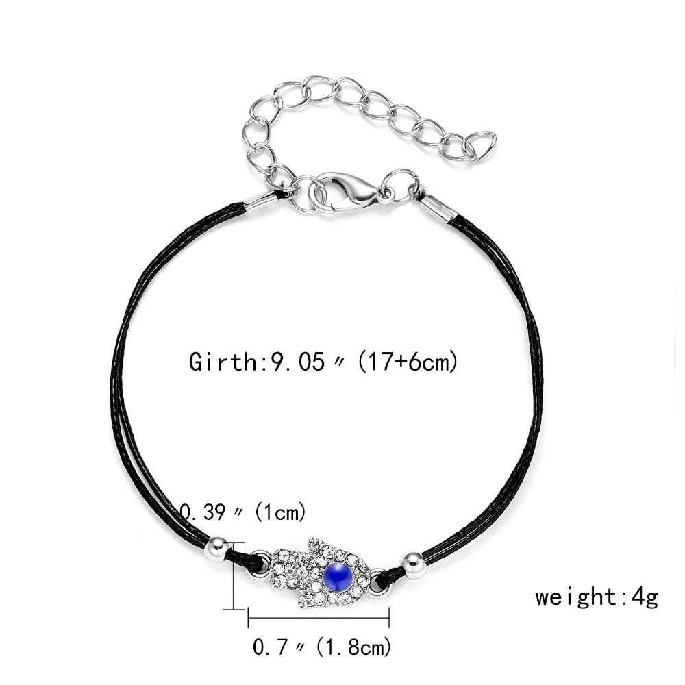 Lucky Handmade Vintage Rhinestone Palm Blue Evil Eye Pendant Link Chain Bracelet For Women Men Good Luck Bracelet Jewelry Gift