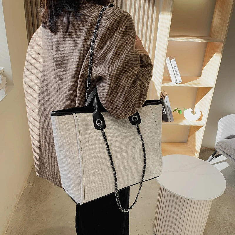 Women Tote Bag Fashion Canvas Large Capacity Handbag Casual Chains Shoulder Bags Ladies Big Messenger Bag Shopping Bag