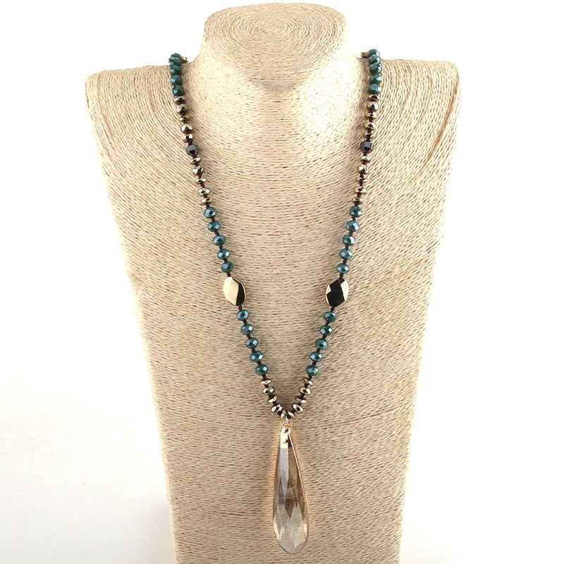 Fashion Bohemian Tribal Jewelry Crystal / Hematite Long Knotted Long Glass Drop Pendant Necklaces