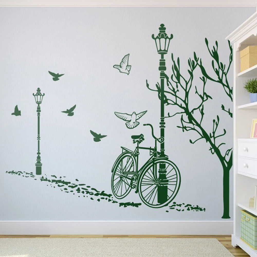 Large Autumn Bike Street Lamp Tree Bird Wall Decal Living Room Kids Room Bicycle City Urban Landscape Wall Sticker Bedroom Vinyl