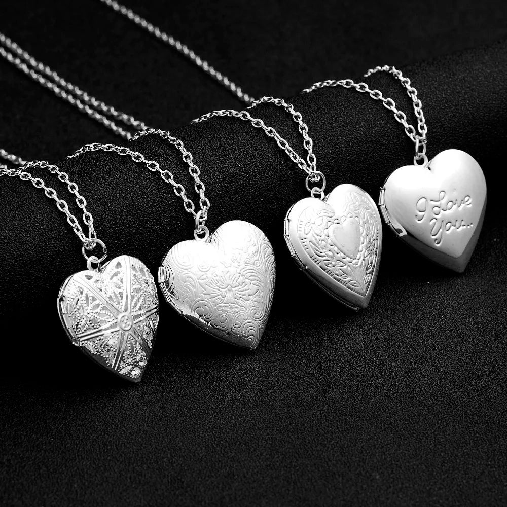 Unique Carved Design Heart-shaped Photo Frame Pendant Necklace Charm Openable Locket Necklaces Women Men Memorial Jewelry