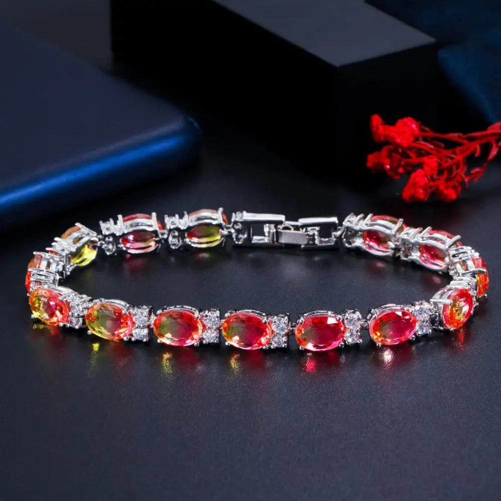 ThreeGraces Brilliant Multi Rainbow Cubic Zirconia Silver Color Wedding Colorful Bracelets for Women Fashion Party Jewelry BR147