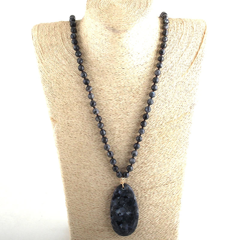 Fashion Jewelry Natural Beads Long Knotted Semi Precious Pendant Necklaces For Women Bead necklace