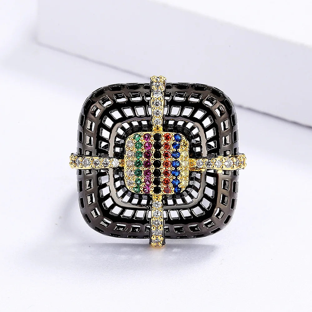 925 Silver Women's Ring Exquisite Black Gold Flower Ring Inlaid Colorful Zircon Geometric Couple Ring Black Gold Jewelry