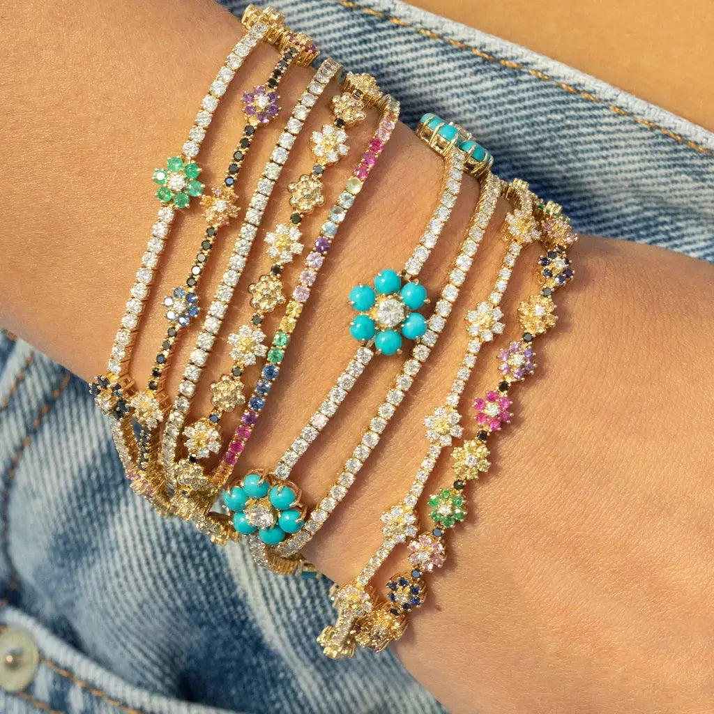 2025 Spring New Design Colorful Flower Charm White Black Rainbow CZ Tennis Chain Bracelet Women Fashion Jewelry