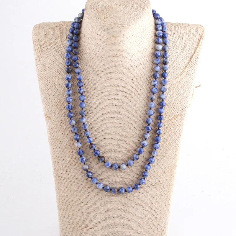 New Bohemian Jewelry long Knotted Halsband 8mm 125-128cm Double wrap Natural Stone Necklace