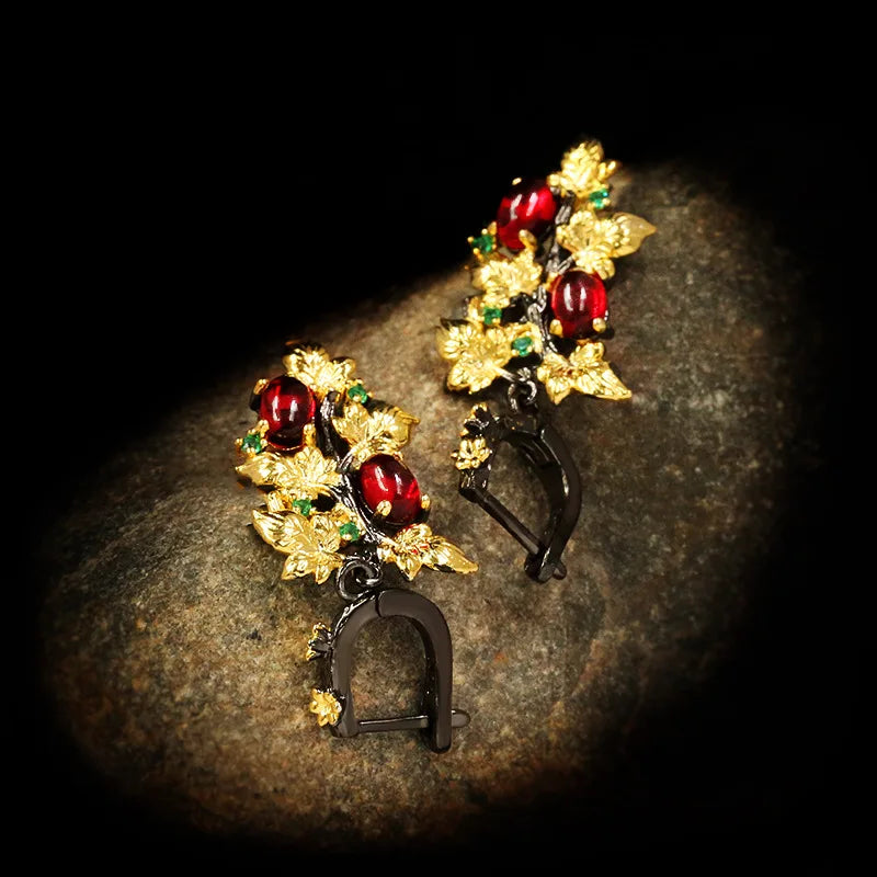 New Elegant Black Gold Ruby Pendant Flower Leaf 925 Silver Earrings Crystal Gemstone Ladies Jewelry Earrings Silver 925 Jewelry