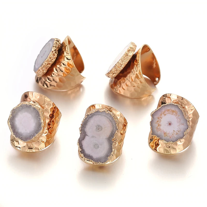 Boho Irregular Natural Stone Agate Slices Sunflower Wide Open Ring for Women Gold Plated Resizable Finger Jewelry