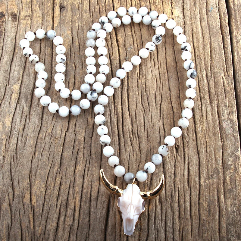 Fashion Bohemian Jewelry Sem Stone Knotted Horn Pendant Necklace For Women Boho Ethnic Necklace Gift