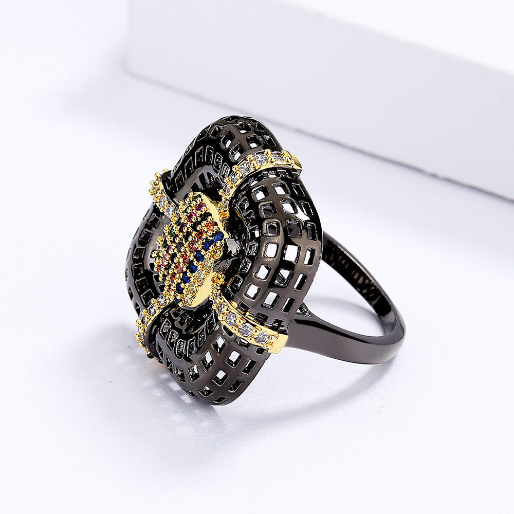 925 Silver Women's Ring Exquisite Black Gold Flower Ring Inlaid Colorful Zircon Geometric Couple Ring Black Gold Jewelry
