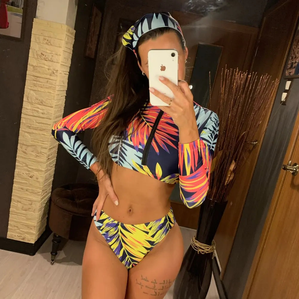 2023 Sexy Long Sleeve Bikinis Women Swimsuit Green Leaves Print Bathing Suits Beachwear Brazilian Bikini Set Biquini Female