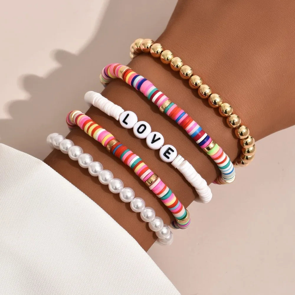 Fashion Rainbow Stackable Bracelets Set For Women Heart Charm Soft Clay Pottery Layering Beads Chain Bangle Female Boho Jewelry
