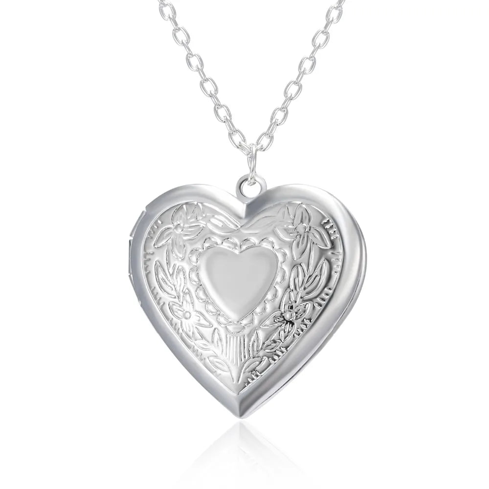 Unique Carved Design Heart-shaped Photo Frame Pendant Necklace Charm Openable Locket Necklaces Women Men Memorial Jewelry