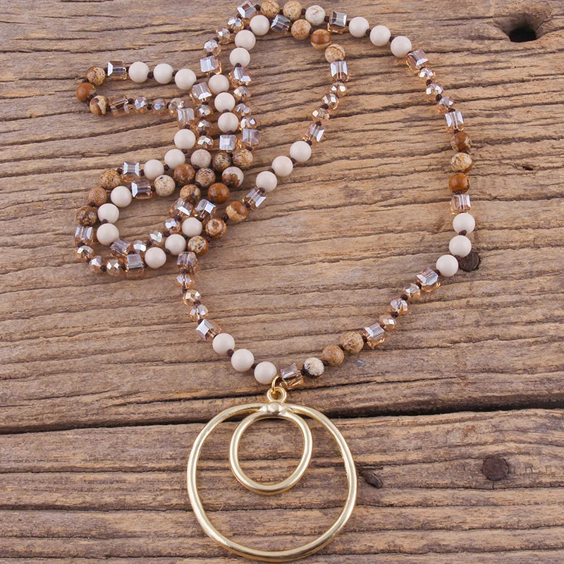 Fashion Bohemian Jewelry Accessory 6mm Stones/Crystal Knotted With Metal Round Pendant Necklaces Women Boho Gift