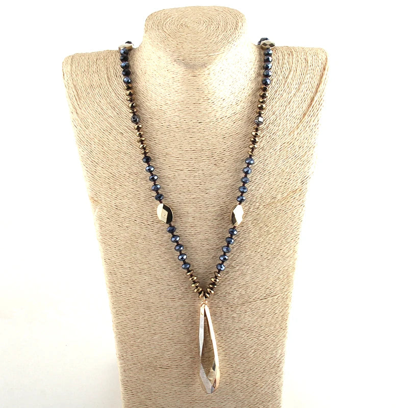 Fashion Bohemian Tribal Jewelry Crystal / Hematite Long Knotted Long Glass Drop Pendant Necklaces