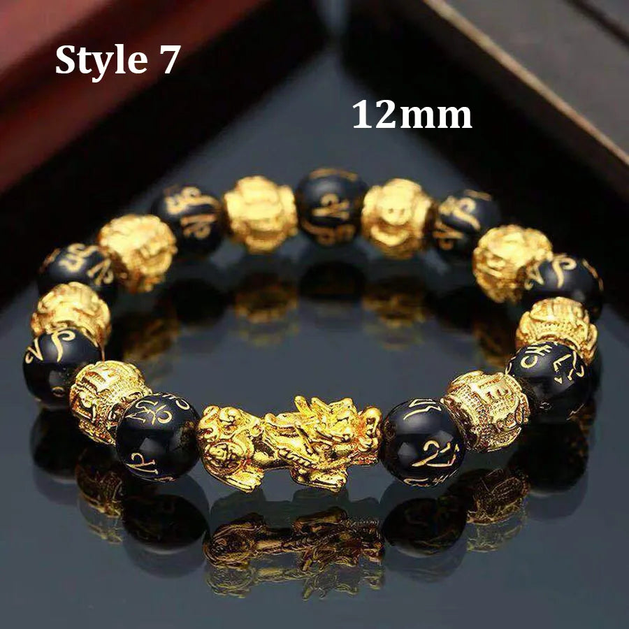 Feng Shui Obsidian Stone Beads Bracelet Wristband Gold Color Black Pixiu Wealth Good Luck Women Bracelet Men Women Unisex