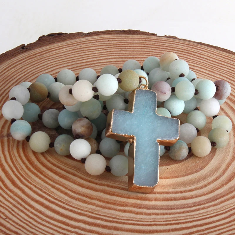 RH Fashion Bohemian Tribal Jewelry 8mm Natural Stones Knotted Stone Cross Pendant Necklaces Women Ethnic Necklace