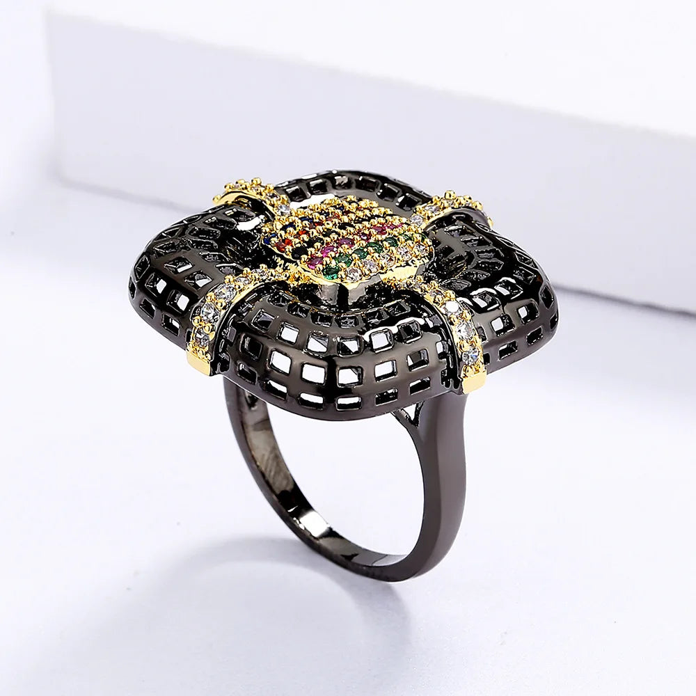 925 Silver Women's Ring Exquisite Black Gold Flower Ring Inlaid Colorful Zircon Geometric Couple Ring Black Gold Jewelry