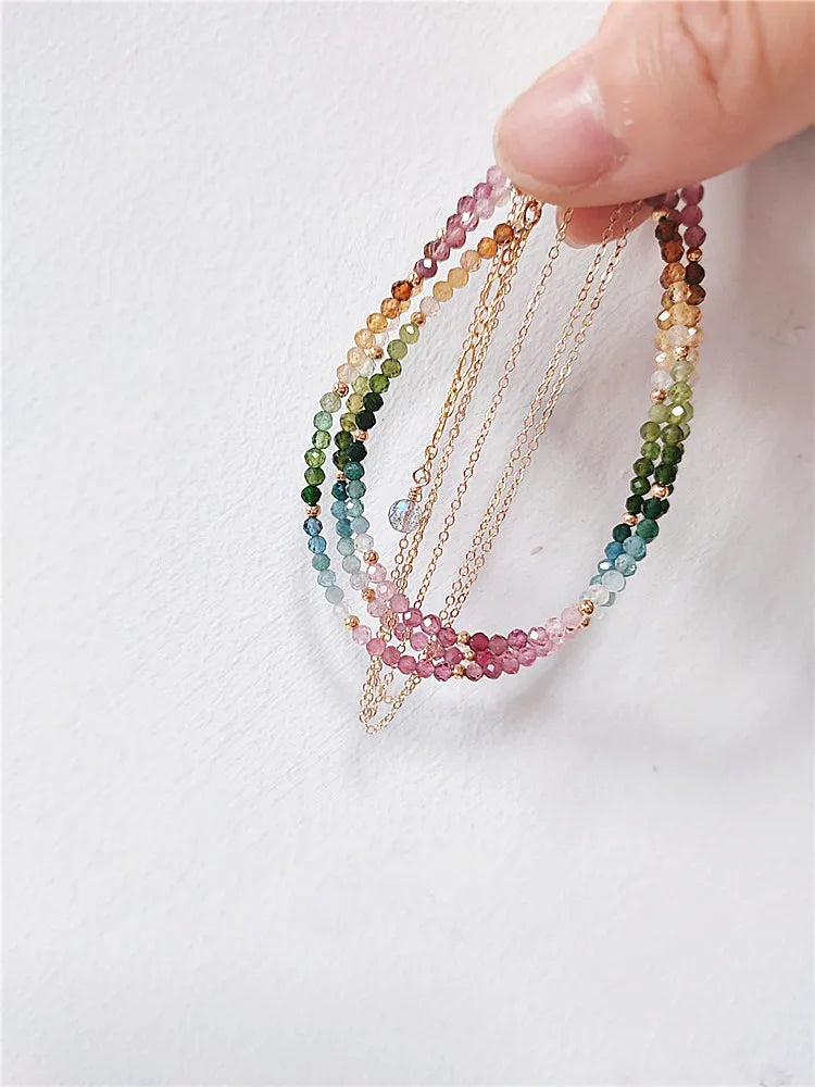 Natural Colorful Mix Tourmaline Bead Bracelet Handmade Women 14K Gold Filled Chain Double Layer Bracelet Semi Precious Jewelry