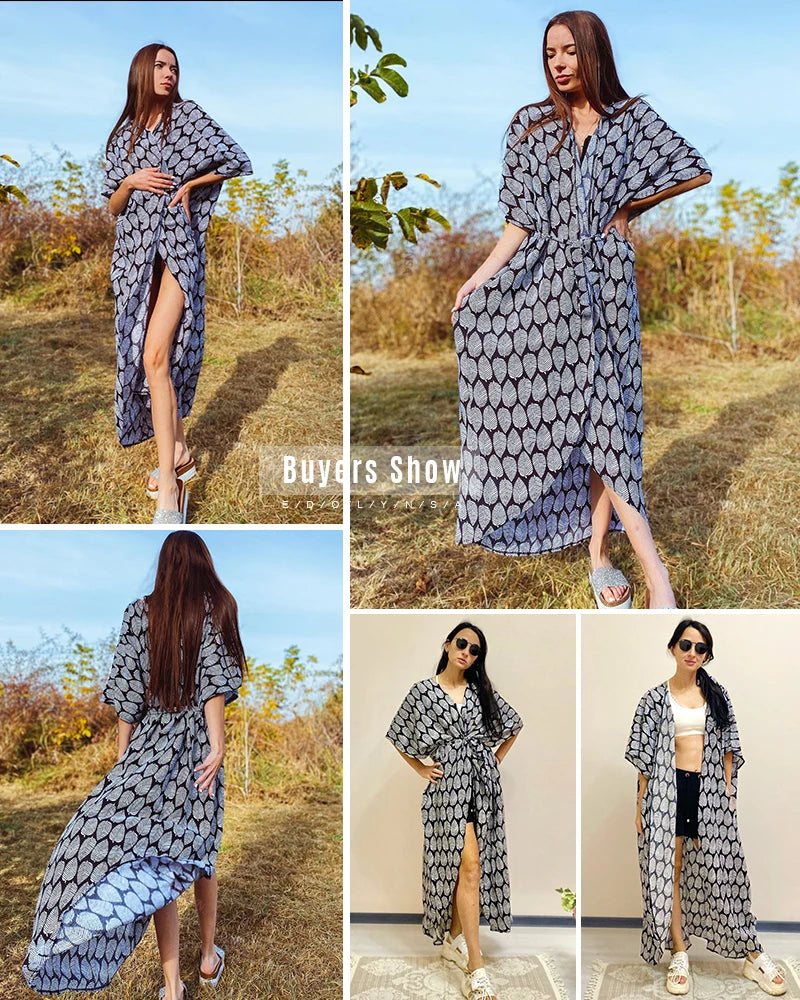 2023 Bikini Cover-ups Black Retro Striped Self Belted Women Summer Clothing Kimono Dress Beach Wear Swim Suit Cover Up Q1225