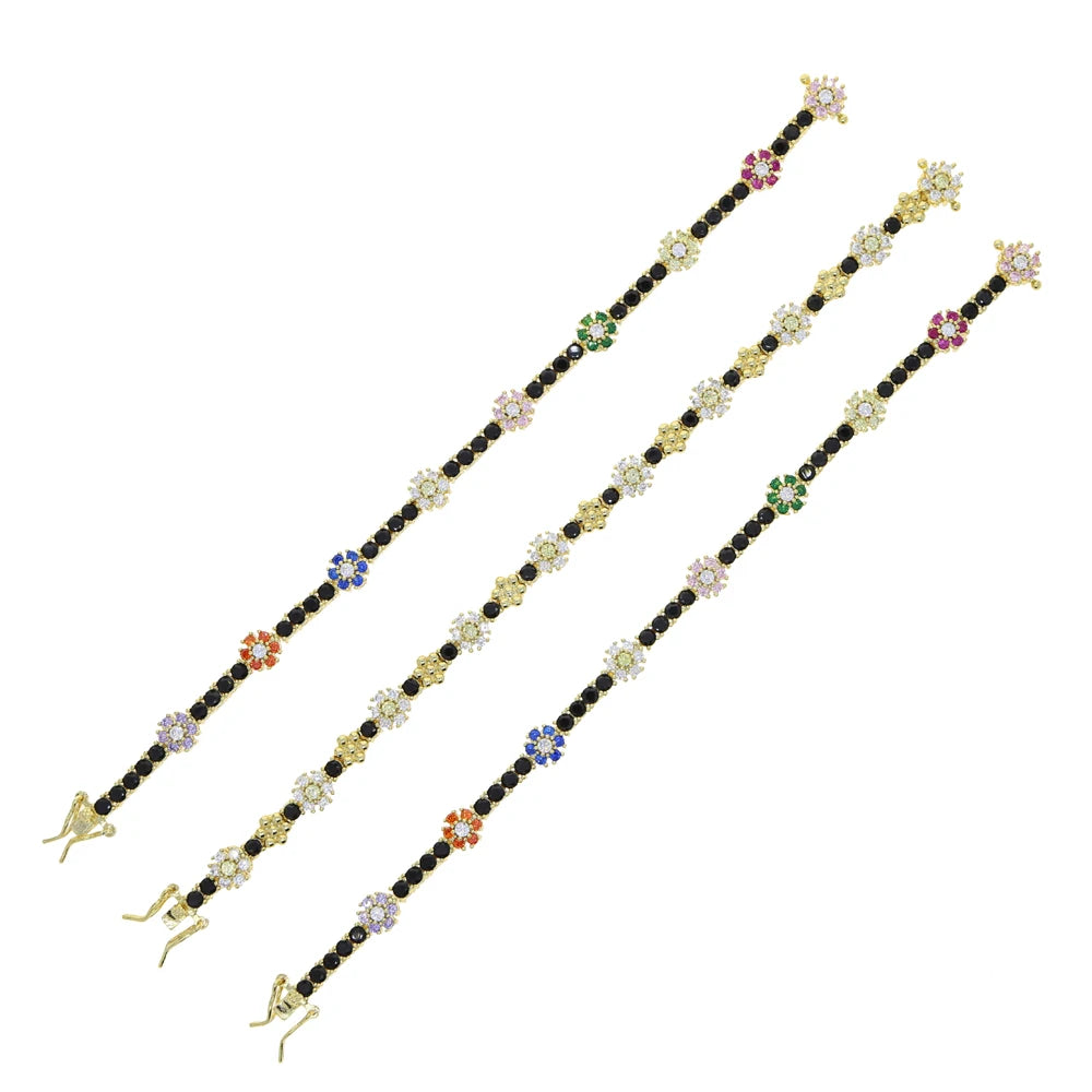 2025 Spring New Design Colorful Flower Charm White Black Rainbow CZ Tennis Chain Bracelet Women Fashion Jewelry