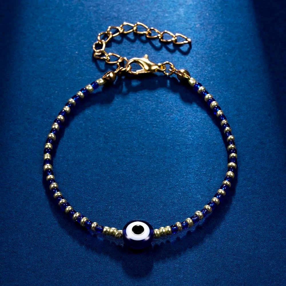 Lucky Handmade Vintage Rhinestone Palm Blue Evil Eye Pendant Link Chain Bracelet For Women Men Good Luck Bracelet Jewelry Gift