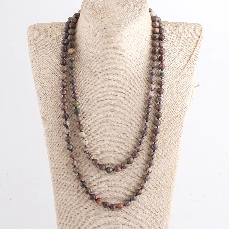 New Bohemian Jewelry long Knotted Halsband 8mm 125-128cm Double wrap Natural Stone Necklace