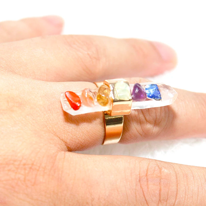 7 Chakra Stone Rings for Women Gold Color Irregular Raw Crystal Resizable Finger Jewelry Yoga Energy Balancing