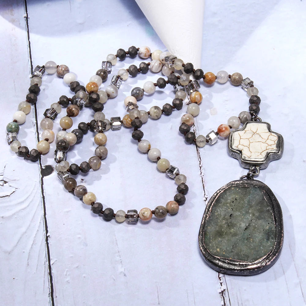 Summer New Bohemian Style Women's Jewelry 6mm Natural Stone Glass Knot Necklace Cross Elliptical Stone Pendant Necklace Sweater