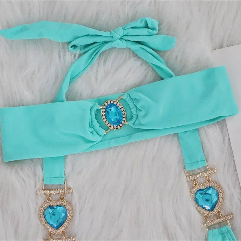 4 Colors New Sexy Bikini Women Luxury Heart-shaped Crystal Diamond Chain Solid Swimwear Swimsuit Female Bikinis Set Bathing Suit