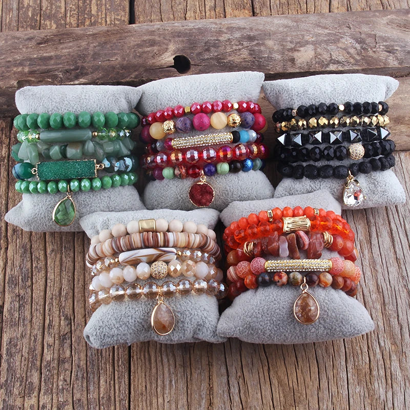 Fashion Beaded Boho Bracelet 5pc Green Natural Stone /Glass Stack Bracelet Sets For Women Boho Jewelry Gift