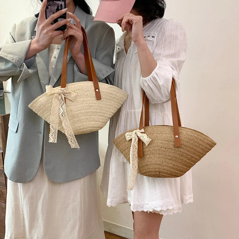 Women Braided Basket Clutches Bag Large Straw Portable Shoulder Bag Summer Beach Purses Shopper Satchel