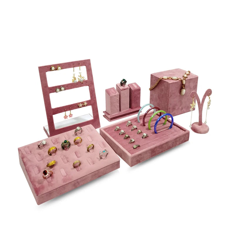 High End Pink Velvet Jewelry Display Props Ring Earrings Holder Necklace Bracelet Tray Organizer Jewelry Store Window Display