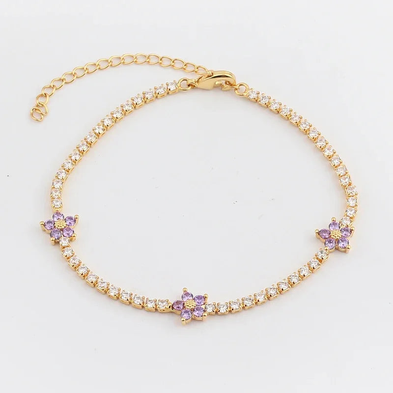 Luxury Rainbow CZ Flower Tennis Chain Bracelet For Women Girls Iced Out Bling CZ Paved Colorful Daisy Flower Bracelet