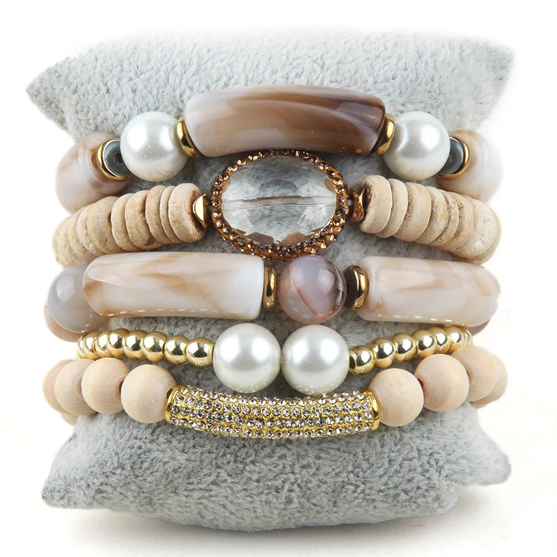 RH Fashion Bohemia Beaded Jewelry Big Acryl Pipe Wood Bracelets 5pc Stack Punk Stone Bracelets Set For Women Festival Gift