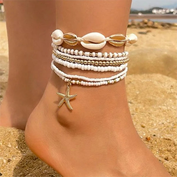 Shell Starfish Anklets for Women Bohemian Anklet Leg Rice Beads Bracelet Handmade Foot Chain Boho Jewelry Sandals Gift