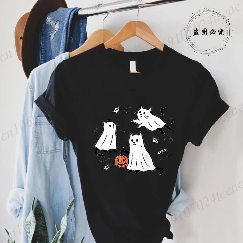 New Fashion Ghost Cat T-Shirt Tops Womens Vintage T-Shirt Funny Spooky Halloween Classic T-Shirt Tops Women's Tees Streetwear
