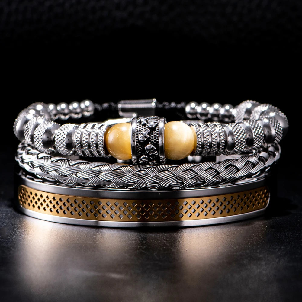 3pcs Set Men Bracelet Stainless Steel Handmade Rope Bangles Men Skull Bracelets with Tigereye Natural Stone Gift Accessories