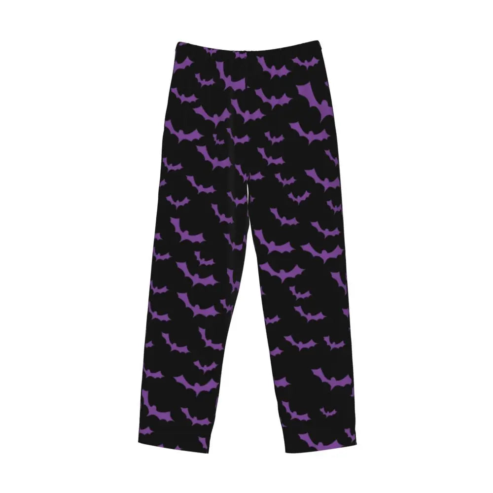 Custom Cute Spooky Halloween Bats Black And Purple Pajama Pants for Men Lounge Sleep Drawstring Sleepwear Bottoms with Pockets