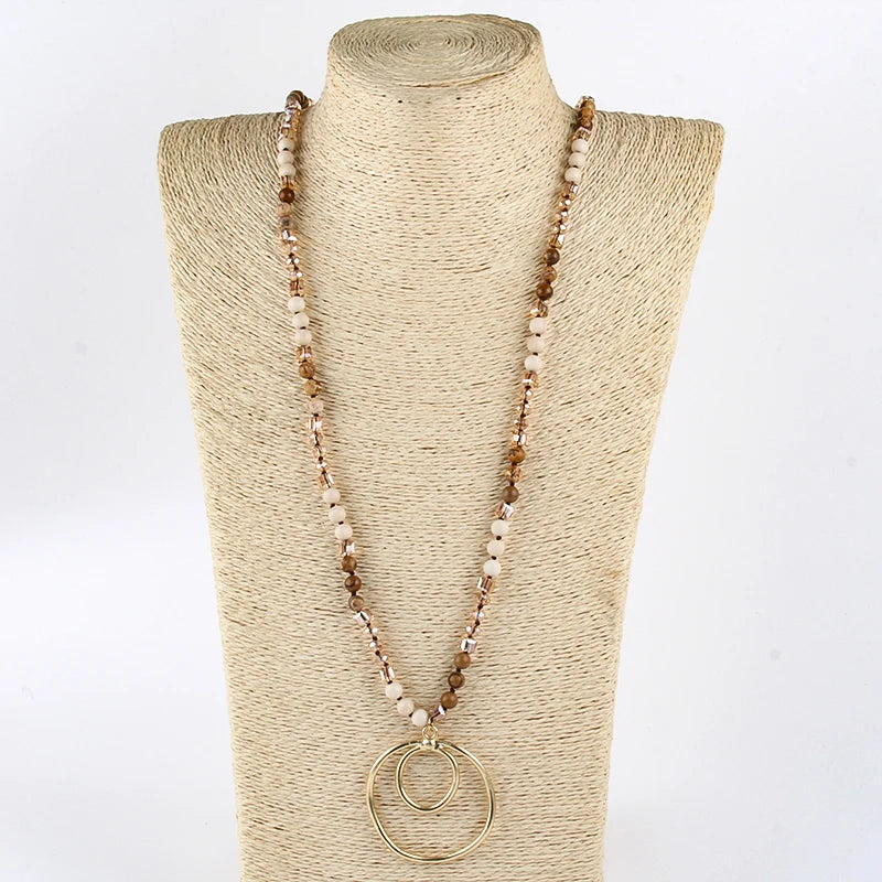 Fashion Bohemian Jewelry Accessory 6mm Stones/Crystal Knotted With Metal Round Pendant Necklaces Women Boho Gift
