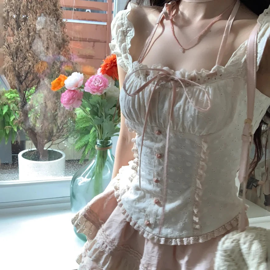 Sweet High Street Halter Patchwork Lace Japan Tank Tops All Match Harajuku Preppy Style Tiered Skirts Y2k Aesthetic Moda Sets