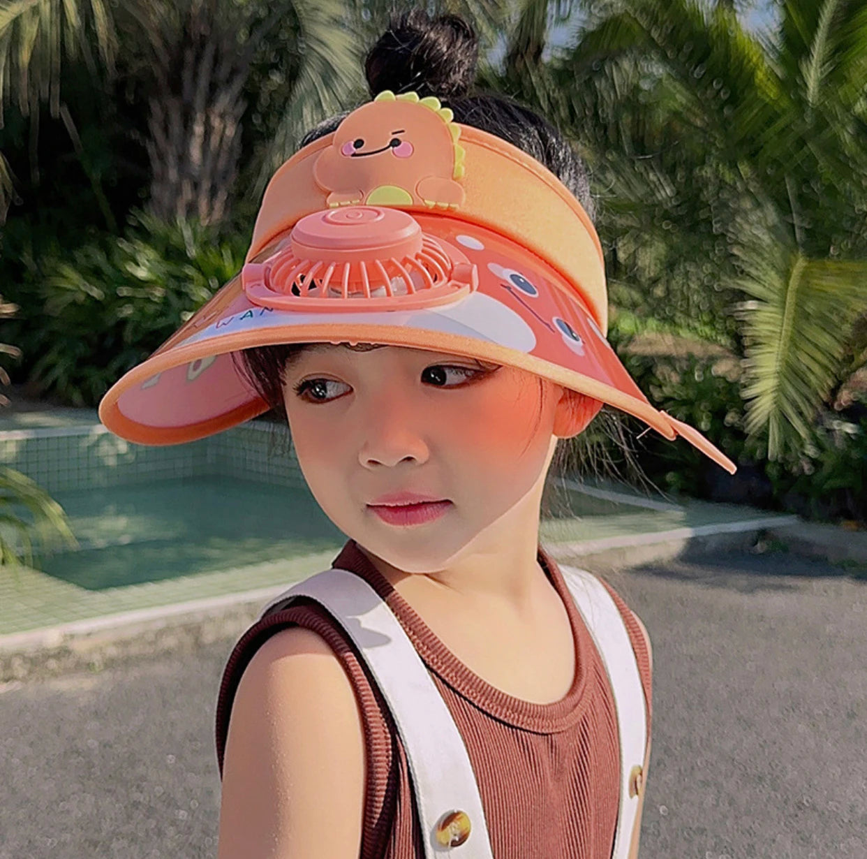 Children's Summer Sun Hat with Fan Sun Protection Hat Cartoon Outdoor Sun Protection Hollow brim Open Top Sun Protection Hat