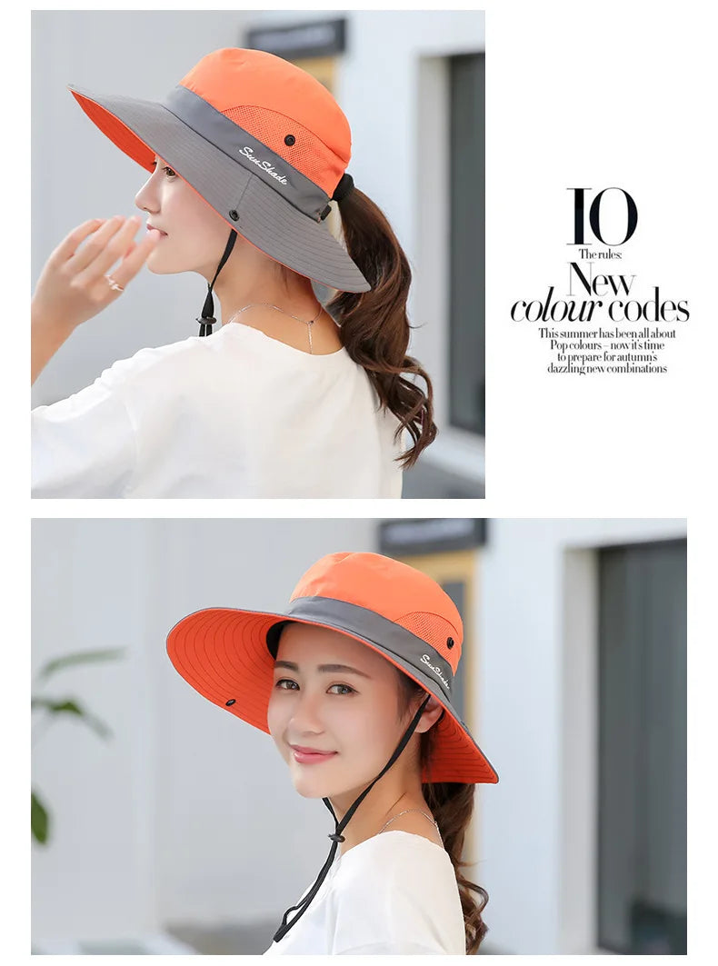 Women Summer Adjustable Bucket Hat with a Ponytail Hole Girls Sun Protection Hiking Cap Parent-child Outdoor Wide Brim Headgear