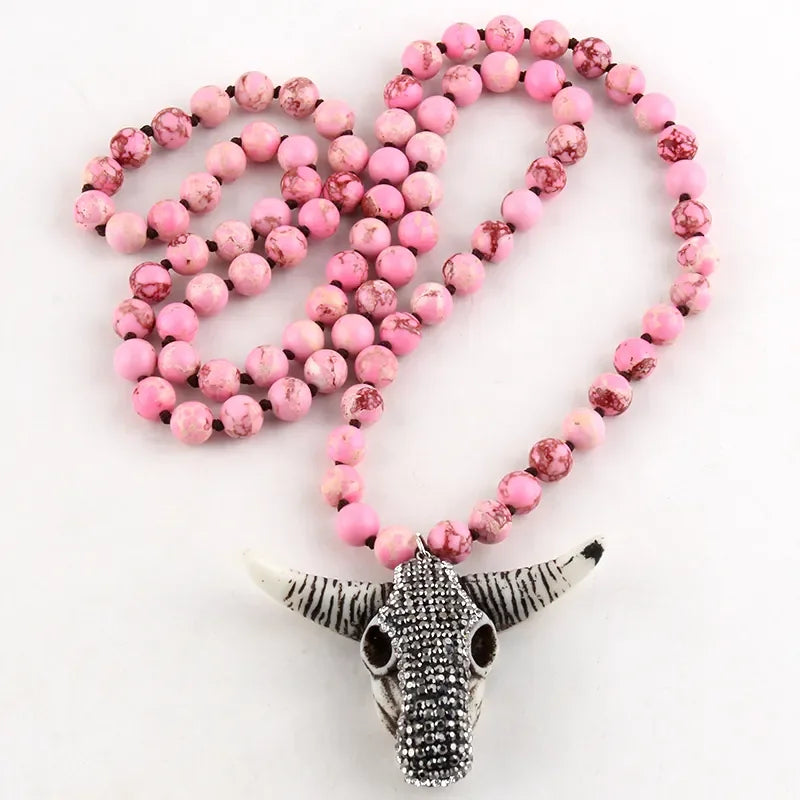RH Fashion Boho Jewelry Empire Stones Long Knotted Bull Head Pendant Necklaces Dropship