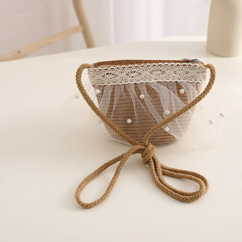Kids Girls Wide Brim Straw Woven Cap Sun Protection Beach Hat Lace Pearl Summer Floppy Bucket Cap Portable Handbag панама