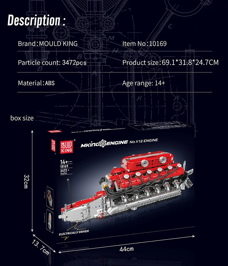 Mould King 10169 The Speed Car V12 Engine Building Block Technical Car Engine Toys Assembly Engine Brick Set Kids Christmas Gift