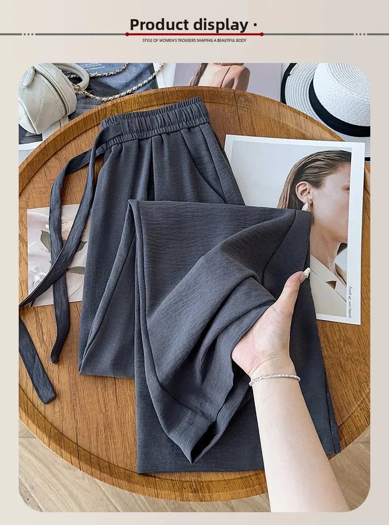 Ice Silk Wide Leg Pants Women's Loose Casual Thin Summer Trousers Small Size Draped Straight Leg Pants Female Fashion