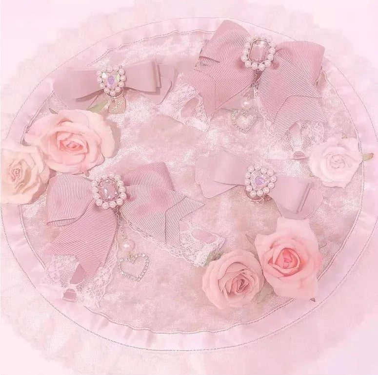 Japanese Sweet Cute Handmade Rhinestone Bow Hairpin Pearl Lace Hairclips Lolita Women Girls Side Clip Bag Pendant Handbag Charms